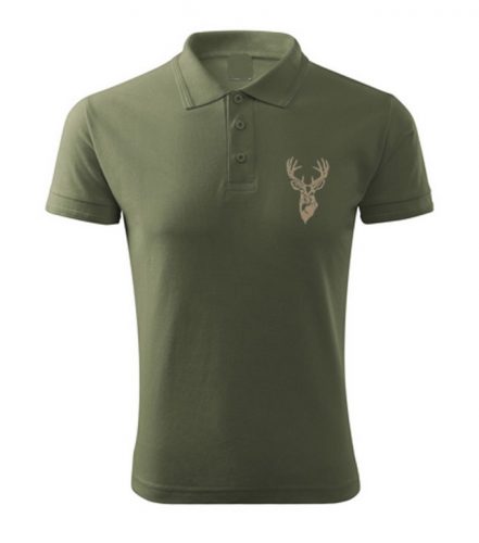 Vadász póló (szarvas hímzéssel) galléros TOP, khaki, 2XL